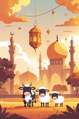 Idul Adha Vector Illustration with Mosque, Lantern, Cow, and Sheep in Warm Sunset Colors