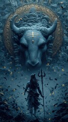 Mystical figure encountering a majestic bull-like deity.