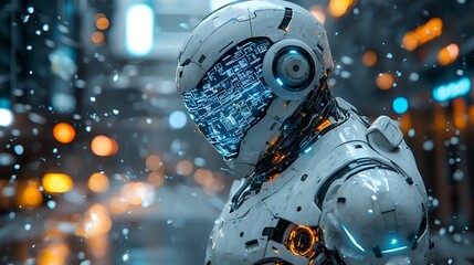 Futuristic robot in snowy city at night.