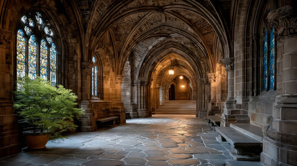 Obraz premium Stone archway inside building with plant and windows