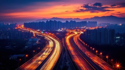 Vibrant Sunset over City Highway Interchange at Dusk