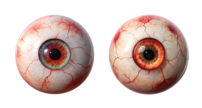 Eyeball with Veins: A single realistic eyeball with red veins and eerie stare, isolated on transparent background
