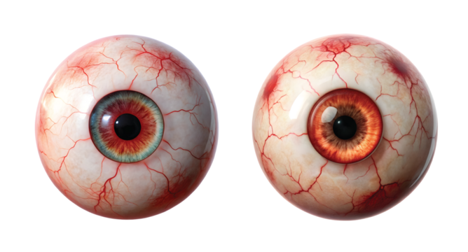 Eyeball with Veins: A single realistic eyeball with red veins and eerie stare, isolated on transparent background