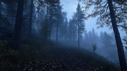 Naklejka premium Misty Forest Path with Dew Covered Leaves