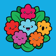Whimsical doodle floral cluster with playful cartoon character faces integrated in blooms.