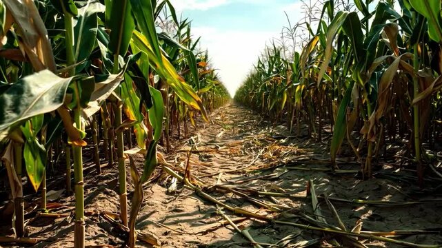 A serene rural corn field with green and dry crops, showing vitality and challenges of agricultural life.
