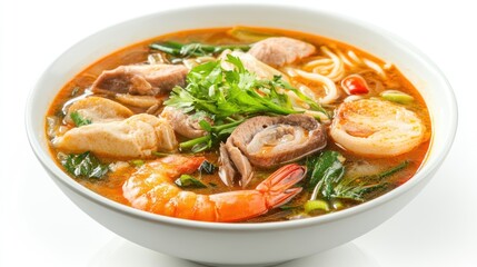 Flavorful noodle soup with seafood and meat
