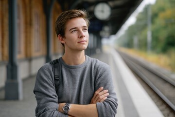 Fototapeta premium Thoughtful Young Man at Train Station: A Contemplative Portrait