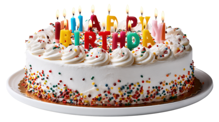 Festive Cake with Candles: A delightful birthday cake adorned with colorful candles spelling out "Happy Birthday", ready to celebrate and bring joy to the special day.
