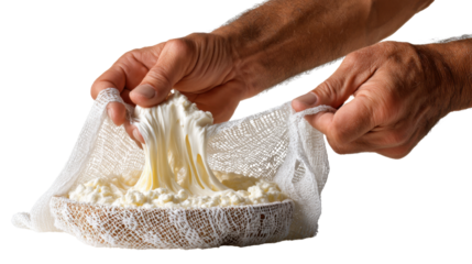 Hands at Work with Cheese: Close-up captures hands manipulating cheese curds, demonstrating a culinary artisan at work, showcasing the texture and fresh creation.