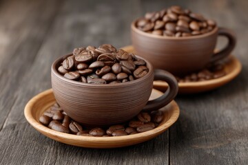 Fototapeta premium Roasted Coffee Beans in Rustic Brown Cups: A Warm, Earthy Still Life