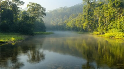 Misty Tropical River at Dawn Surrounded by Lush Green Jungle