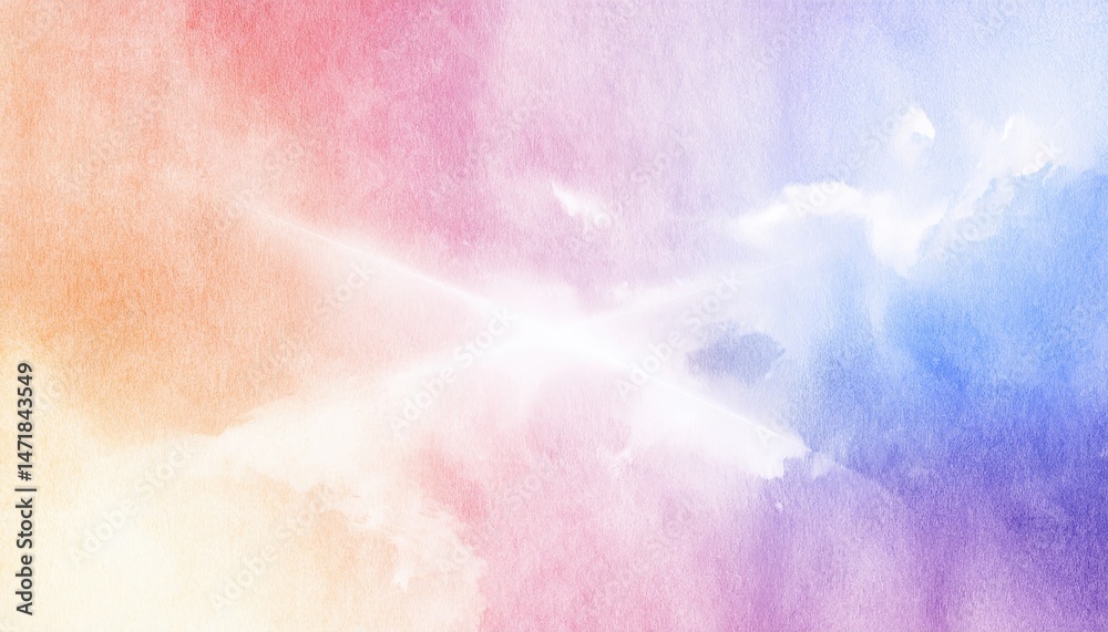 Poster pastel watercolor texture with glowing white x light burst for web background, print poster, or branding design with soft gradient hues

