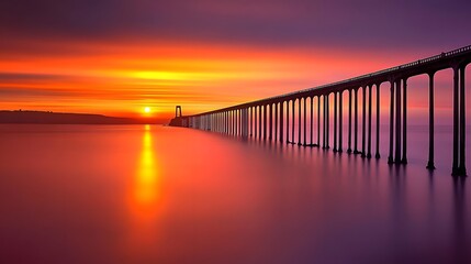 Vibrant Sunset over Ocean Bridge Landscape