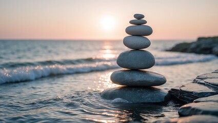 Fototapeta premium Stack of stones on a rocky beach sunset suitable for meditation, relaxation, nature concepts, mindfulness, peaceful scenery, zen backgrounds, spa designs.