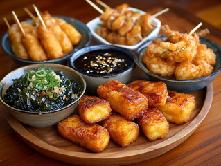 Variety of delectable dishes on wooden platter, including seafood and dipping sauces