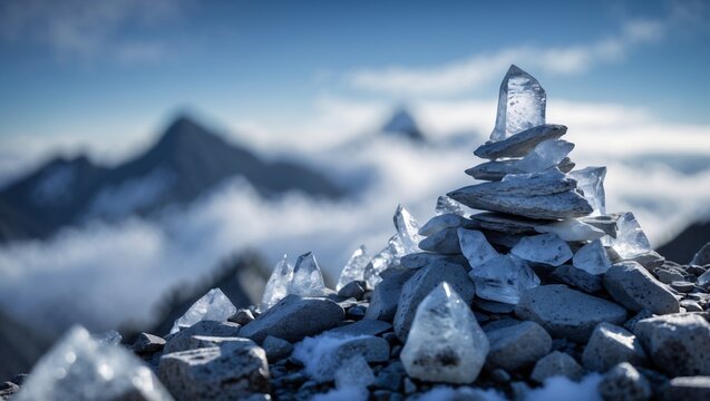 Rock cairn topped with clear ice crystals on a mountain summit. Ideal for winter, nature, hiking, and outdoorthemed designs.