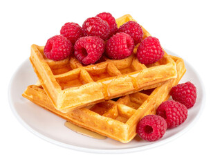 Golden Waffles with Fresh Raspberries and Syrup on Isolated Transparent Background