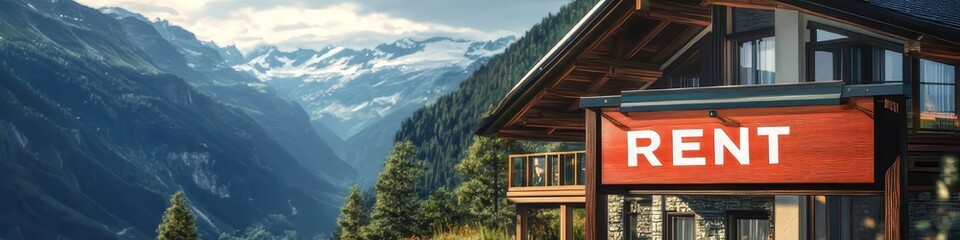 Obraz premium A sign that says rent is on a wooden post. The sign is in front of a cabin