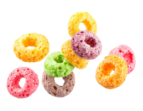 Colorful Cereal Loops Isolated on Transparent Background for Breakfast Food Concept