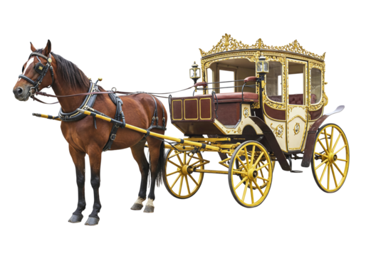 Horse-drawn carriage with brown horse on transparent background