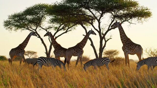 Experience wildlife harmony by observing elegant giraffes and graceful zebras on the golden savanna