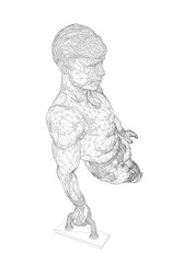 A man is depicted in a black and white drawing. The drawing is of a man with a muscular body and a bald head. The man is standing with his arms crossed and his hands on his hips