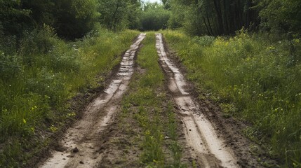 Naklejka premium A dirt road with grass on both sides