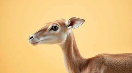 Obraz premium Portrait of a slender gazelle with light brown fur against a soft yellow background in studio shot