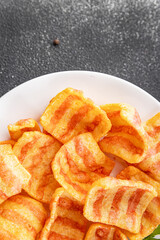 Chips bacon crispy rashers corn snacks fast food natural food fresh dish on the table rustic food top view copy space