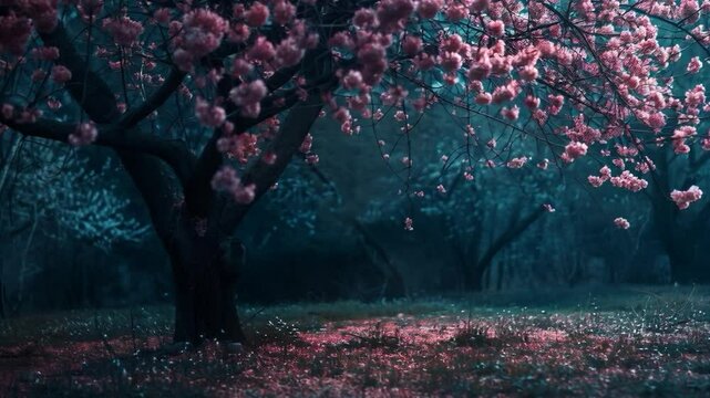 Tree with pink flowers in foreground, dark forest background, tranquil atmosphere. Mystical scene with deep blues and blacks.
