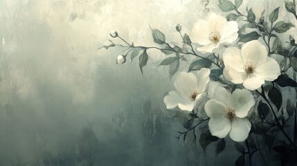 Delicate white blossoms on branches against a muted backdrop.