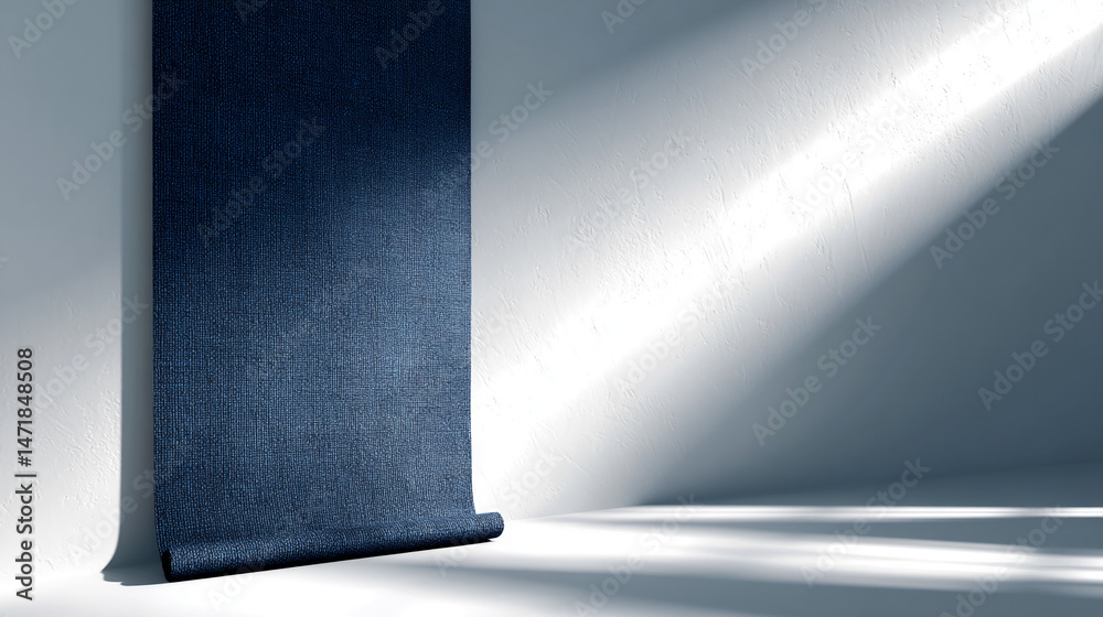 Poster dark-blue textured fabric roll against a light-gray wall, creating a minimalist backdrop ideal for s