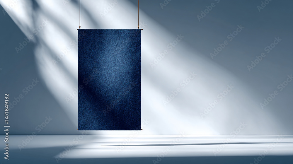 Poster dark-blue textured banner hangs in a minimalist room, illuminated by sunlight, showcasing a blank sp