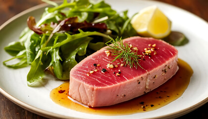Perfectly seared tuna steak with sesame crust, served with fresh greens and lemon wedge. Elegant plating ideal for gourmet restaurants and food photography. Vibrant, healthy presentation