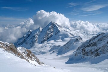 Fototapeta premium Majestic Alpine Peak: Serene Snowscape Under a Cloudy Sky