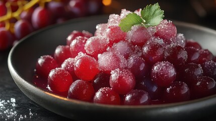Crystalized Grapes - Sugar-coated grapes sparkling like gems, some crystals refracting light