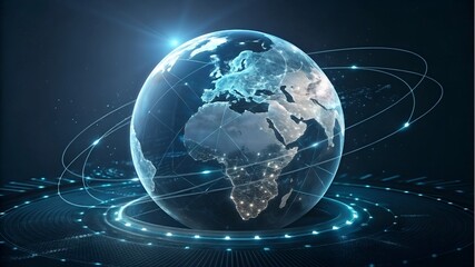 earth globe on blue background, Global digital network concept &ndash; Earth with connected data points and glowing lines