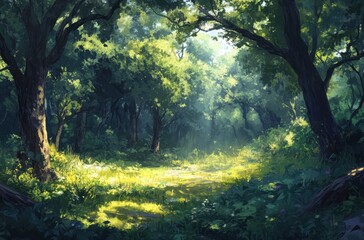 Fototapeta premium Morning sunlight filtering into a forest clearing