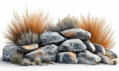 Weathered rock formation with dry grass on a white background.
