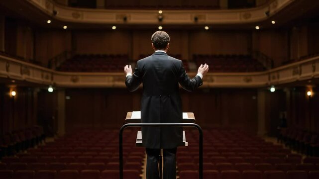 A male conductor in formal attire stands confidently at the podium in a grand, empty concert hall, preparing to lead an orchestra amidst elegant architecture.