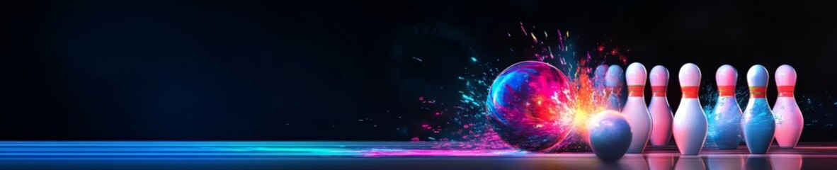 A bowling ball with a rainbow of colors. The bowling ball is surrounded by a colorful explosion of powder