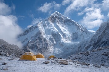 Majestic Himalayan Peak: Serene Yellow Tents Under a Snowy Sky