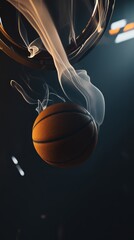A basketball is floating in the air with smoke coming out of it. Concept of excitement and energy, as if the basketball is in mid-air during a game