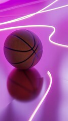 Fototapeta premium A neon basketball is on a beach with neon lights surrounding it. The ball is the main focus of the image, and the neon lights create a vibrant and energetic atmosphere