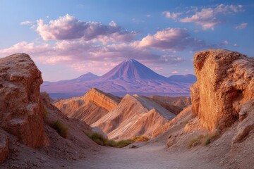 Naklejka premium Desert Volcano: Sunset Hues over Sculptural Rock Formations