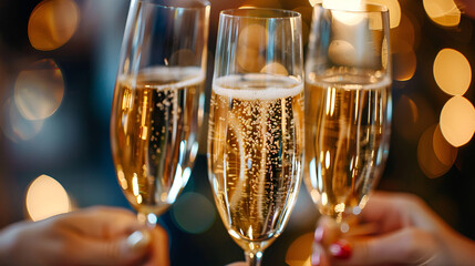 Three champagne flutes filled with sparkling wine held up against a bokeh background of lights