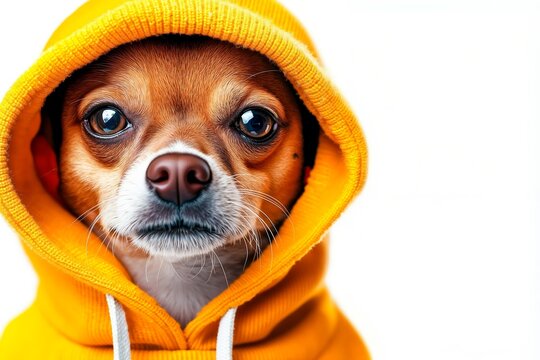 A small dog wearing a yellow hoodie looking at the camera