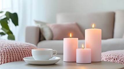Cozy Living Room Scene with Pink Candles and Tea