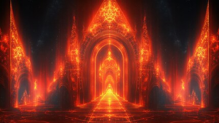Fototapeta premium Geometric Orange Fractals - Sharp, intricate fractal patterns in burnt orange and neon coral, tessellating symmetrically, futuristic digital art style